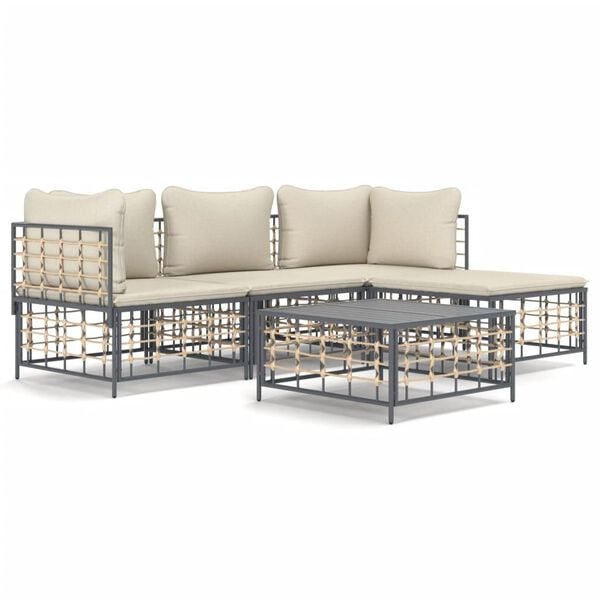 vidaXL 4-delige Loungeset met kussens poly rattan antracietkleurig