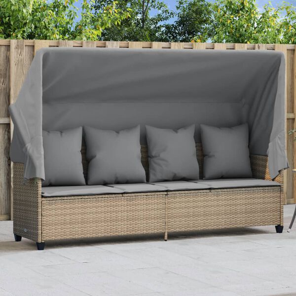 vidaXL Ligbed met luifel en kussen poly rattan beige