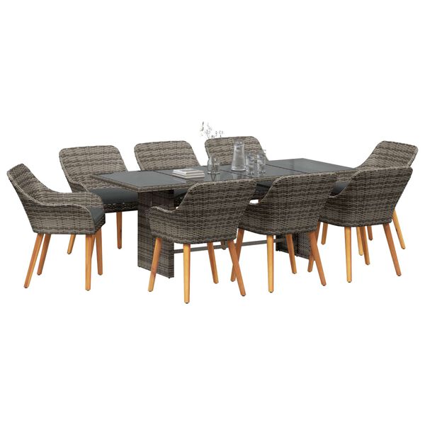 vidaXL Tuin eettafelset met kussen 9 pcs Grijs poly rattan