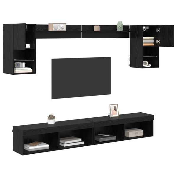vidaXL TV Wand Eenheden met LED met LED 6 pcs Zwart Eiken Bewerkt hout