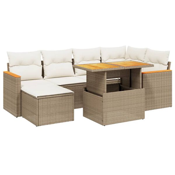 vidaXL 7-delige Loungeset met kussens poly rattan beige