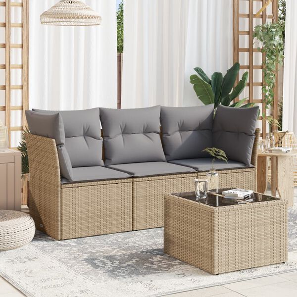 vidaXL 4-delige Loungeset met kussens poly rattan beige