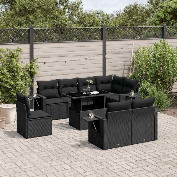 vidaXL 9-delige Loungeset met kussens poly rattan zwart