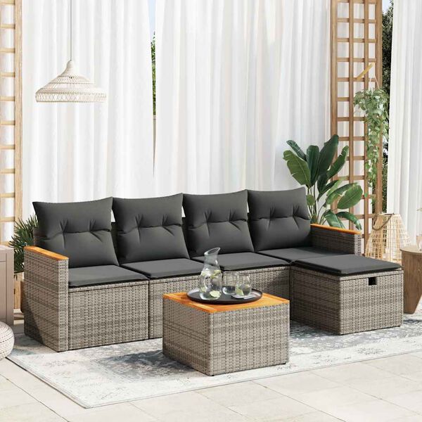 vidaXL 6-delige Loungeset met kussens poly rattan grijs