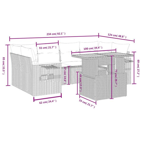 vidaXL 7-delige Loungeset met kussens poly rattan grijs