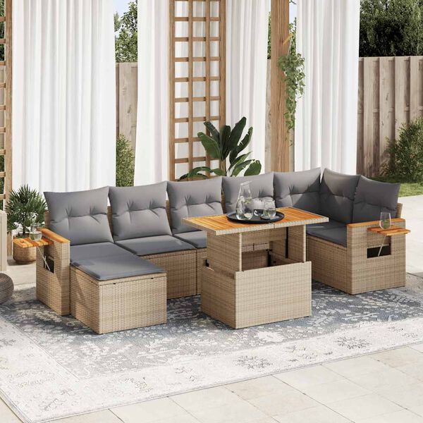vidaXL 8-delige Loungeset met kussens poly rattan acacia beige