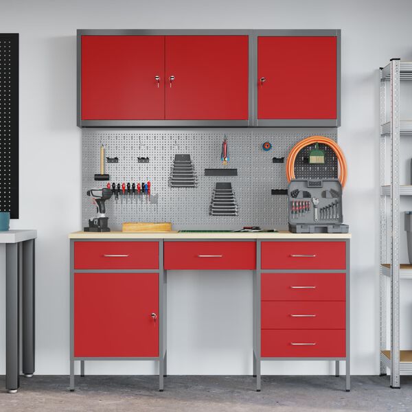 vidaXL Werk kast met lade met slot 8 pcs Rood Engineered hout en staal