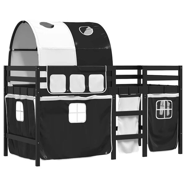 vidaXL Kinderhoogslaper met tunnel 90x200 cm grenenhout wit en zwart