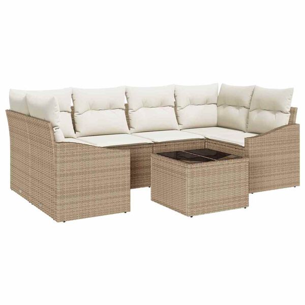 vidaXL Bankstel met kussen met opslag 7 pcs Beige en Cr&egrave;me poly rattan