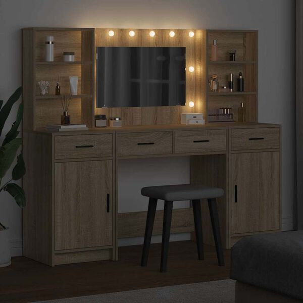 vidaXL Make-up tafel set met LED 3 pcs Sonoma Eiken Bewerkt hout