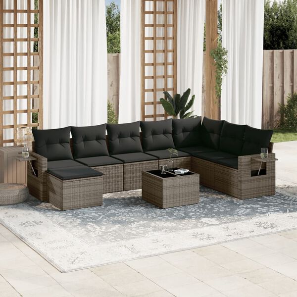 vidaXL 9-delige Loungeset met kussens poly rattan grijs