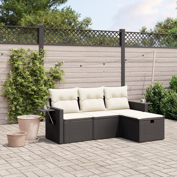 vidaXL 4-delige Loungeset met kussens poly rattan zwart