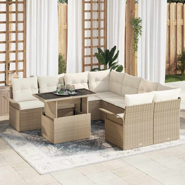 vidaXL Tuin Sofa Set met kussen met opslag 9 pcs Beige Poly Rattan