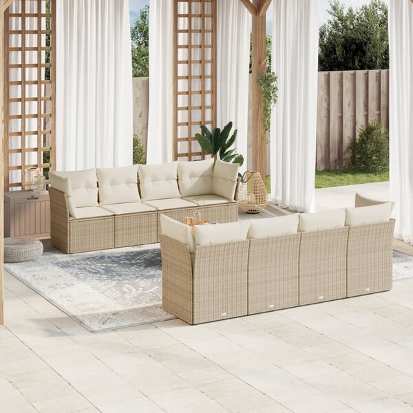 vidaXL 9-delige Loungeset met kussens poly rattan beige