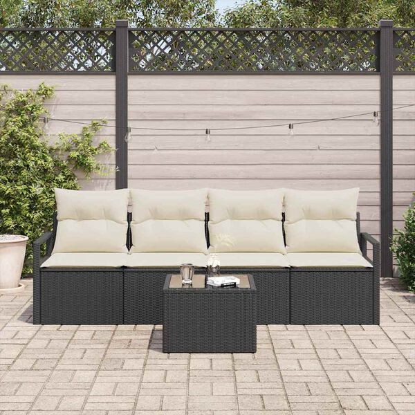 vidaXL Bankstel met kussen met opslag 5 pcs Zwart en Cr&egrave;me poly rattan