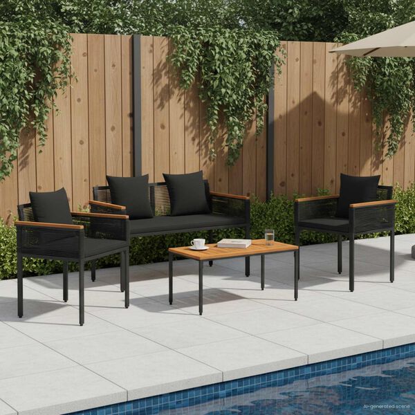 vidaXL Buitenmeubelset met kussen 4 pcs Zwart PE Rattan