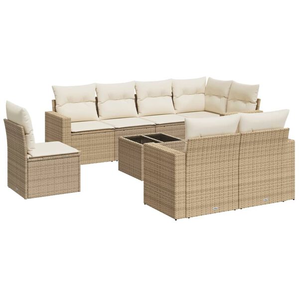vidaXL 9-delige Loungeset met kussens poly rattan beige