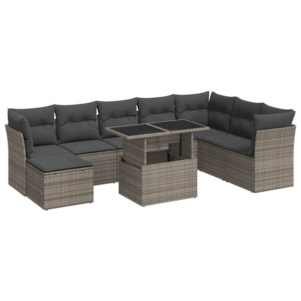 vidaXL 9-delige Loungeset met kussens poly rattan grijs