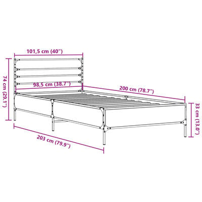 vidaXL Bedframe bewerkt hout en metaal gerookt eikenkleurig 100x200 cm