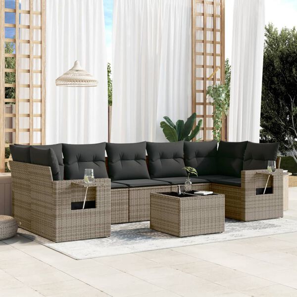 vidaXL 8-delige Loungeset met kussens poly rattan grijs