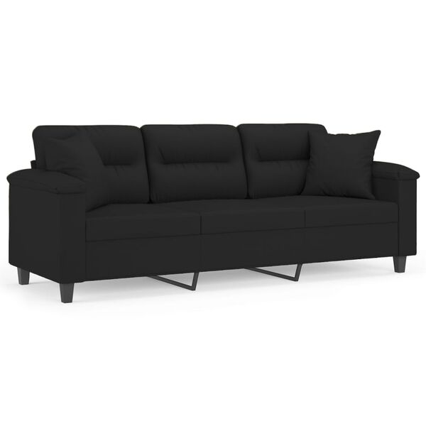vidaXL Driezitsbank met kussens 180 cm microvezelstof zwart