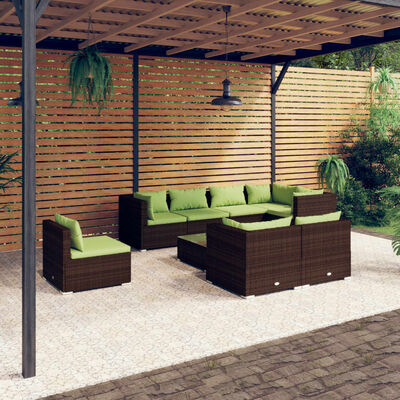 vidaXL 9-delige Loungeset met kussens poly rattan bruin