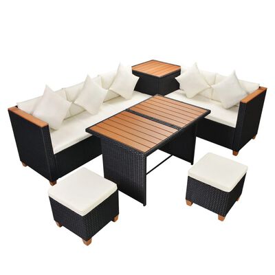 vidaXL 7-delige Loungeset met kussens poly rattan zwart