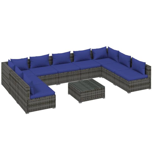 vidaXL 10-delige Loungeset met kussens poly rattan grijs