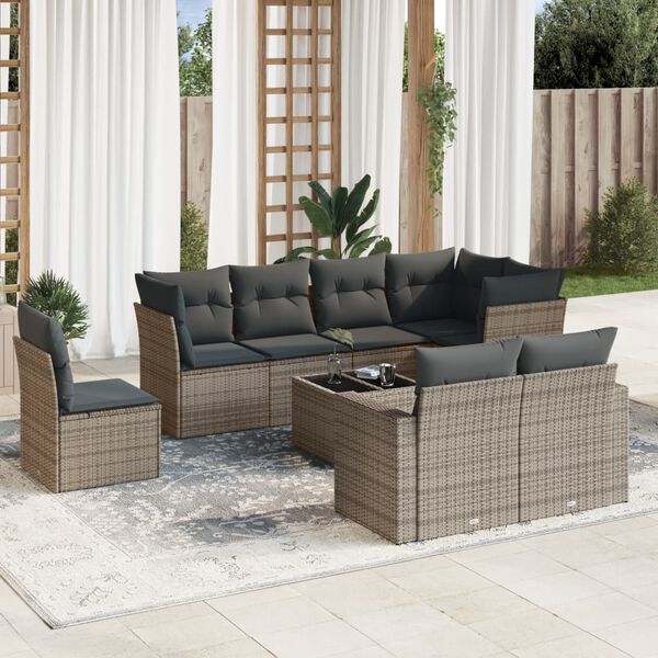 vidaXL 9-delige Loungeset met kussens poly rattan grijs