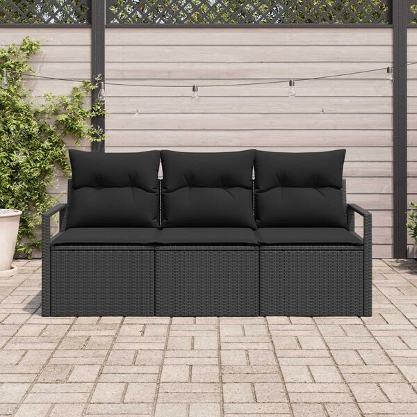 vidaXL Tuinbankenset met kussen met opslag 3 pcs Zwart poly rattan