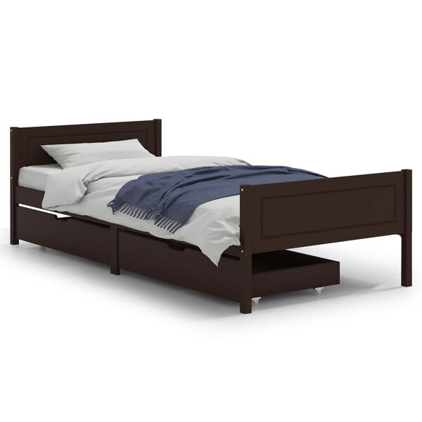 vidaXL Bedframe met 2 lades 100x200 cm massief grenenhout donkerbruin