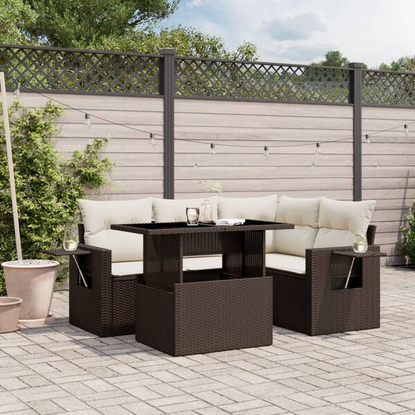 vidaXL 5-delige Loungeset met kussens poly rattan bruin