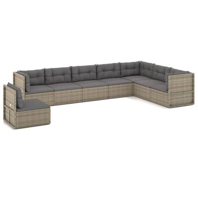 vidaXL 8-delige Loungeset met kussens poly rattan grijs