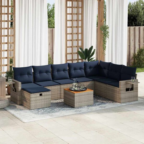 vidaXL 9-delige Loungeset met kussens poly rattan grijs