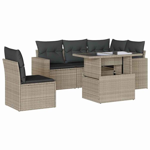 vidaXL 6-delige Loungeset met kussens poly rattan lichtgrijs