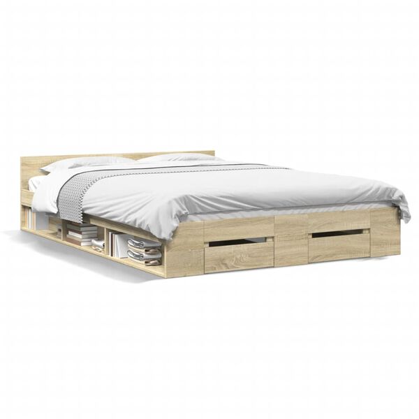 vidaXL Bedframe met lades bewerkt hout sonoma eikenkleurig 135x190 cm