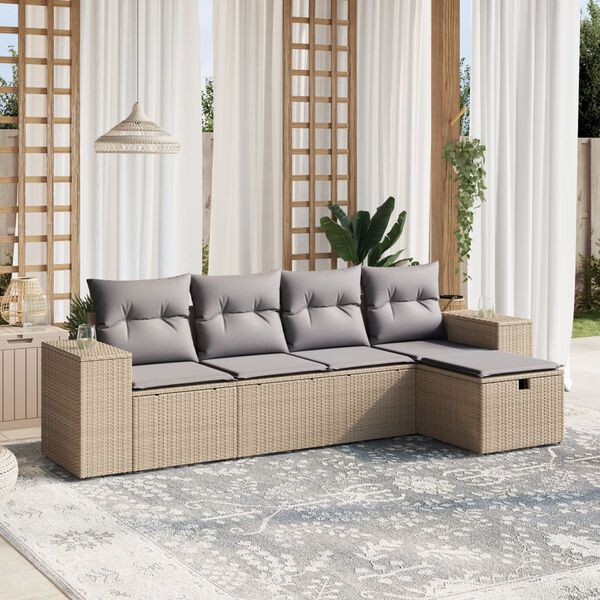 vidaXL 5-delige Loungeset met kussens poly rattan gemengd beige
