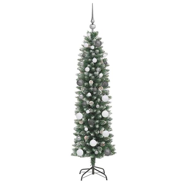 vidaXL Kunstmatige slanke kerstboom met 150 LED Groen en Wit 150 cm