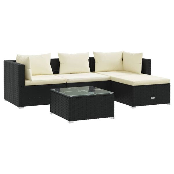 vidaXL 5-delige Loungeset met kussens poly rattan zwart