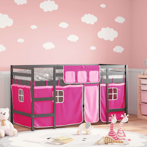 vidaXL Kinderhoogslaper met gordijnen 80x200 cm grenenhout roze