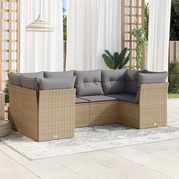 vidaXL 6-delige Loungeset met kussens poly rattan beige