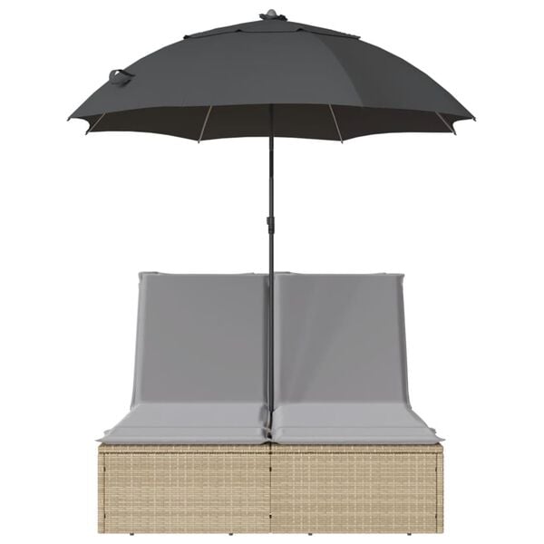 vidaXL Ligbed 2-persoons met kussens en parasol poly rattan beige
