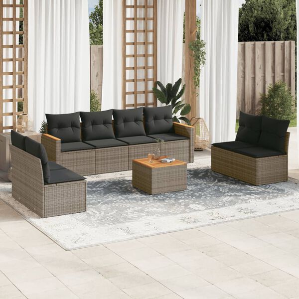 vidaXL 9-delige Loungeset met kussens poly rattan grijs