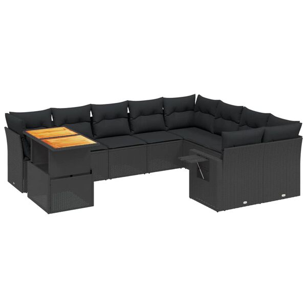 vidaXL 10-delige Loungeset met kussens poly rattan zwart