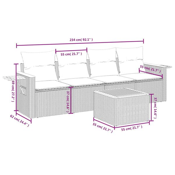 vidaXL 5-delige Loungeset met kussens poly rattan beige