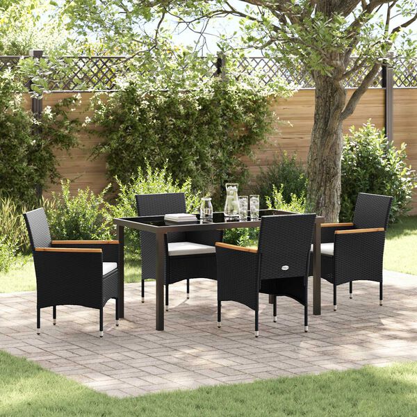 vidaXL Tuin eettafelset met kussen 5 pcs Zwart poly rattan