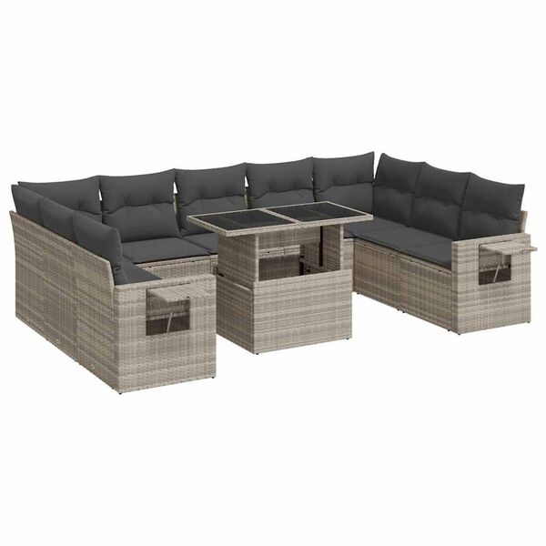 vidaXL 10-delige Loungeset met kussens poly rattan lichtgrijs