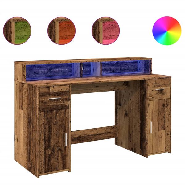 vidaXL Bureau met LED-verlichting 140x55x91 cm bewerkt hout oud hout