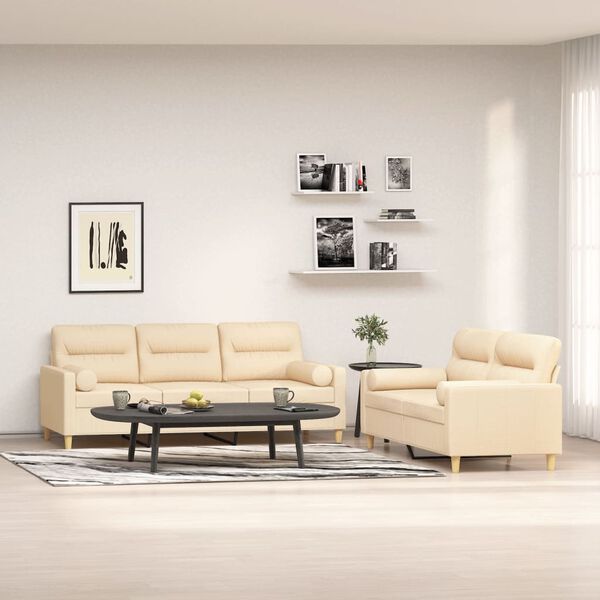 vidaXL 2-delige Loungeset met sierkussens en kussens stof cr&egrave;mekleurig