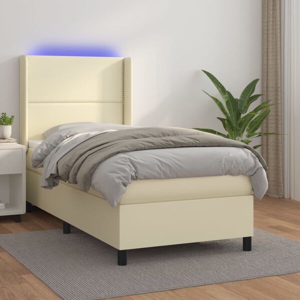 vidaXL Boxspring met matras en LED kunstleer cr&egrave;mekleurig 90x190 cm
